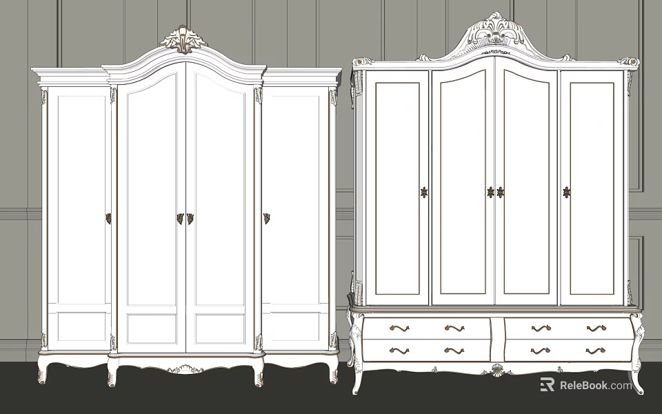 Classical White Wardrobe Design With Carved Details And Multiple Doors Drawers 3d model 