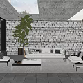 Villa Balcony Featuring Stone Wall Green Plants Sofa And Coffee Tables