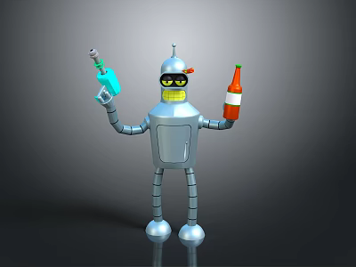 Silver Robot With Yellow Face Black Eyes Holding Blue And Red Bottles 3d model