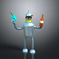 Silver Robot With Yellow Face Black Eyes Holding Blue And Red Bottles