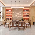 Specialty Store Interior With Wooden Walls Shelves Displayed Products Table Chairs Marble Counter Hanging Lights
