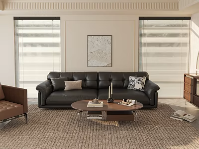 Modern Living Room Interior With Dark Brown Leather Sofa And Wooden Glass Coffee Table 3d model