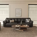 Modern Living Room Interior With Dark Brown Leather Sofa And Wooden Glass Coffee Table