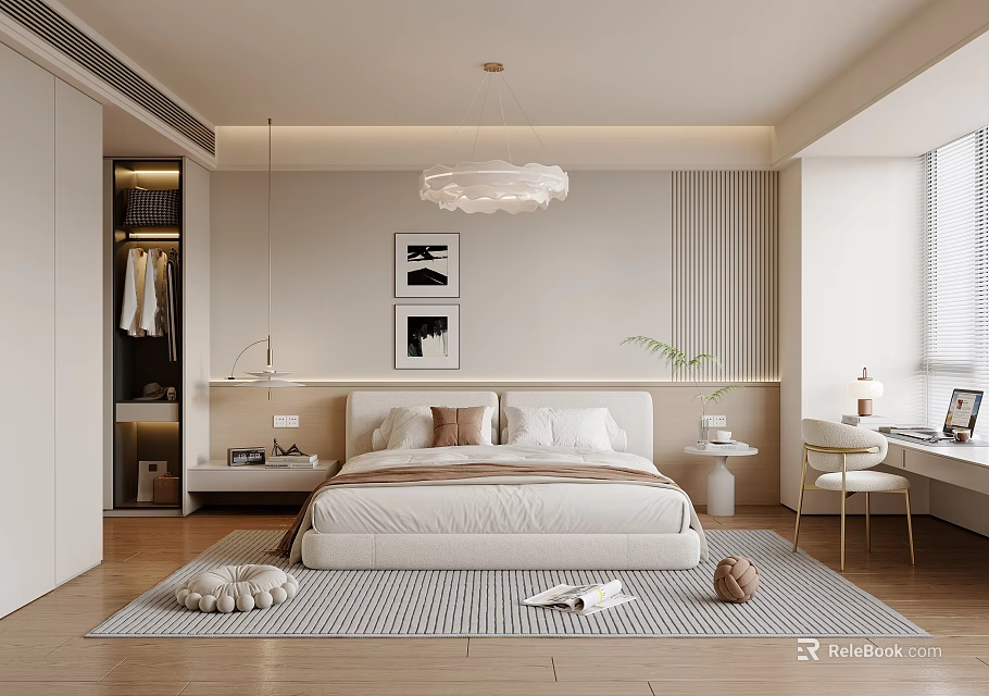 Modern Bedroom Interior Design With Large Bed Open Wardrobe Wall Art Rug And Chandelier 3d model 