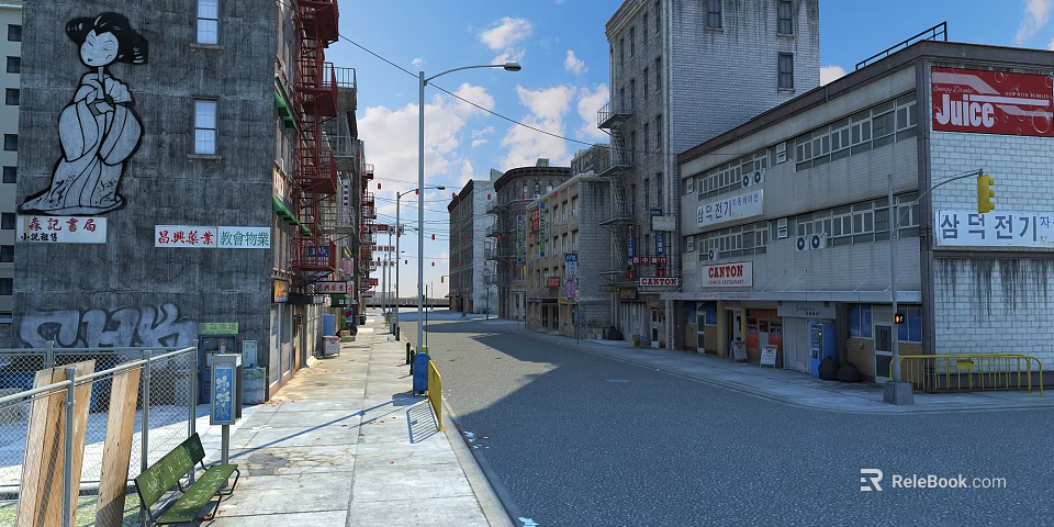 Vibrant Commercial Street With Old Buildings Colorful Signboards And Street Facilities 3d model 