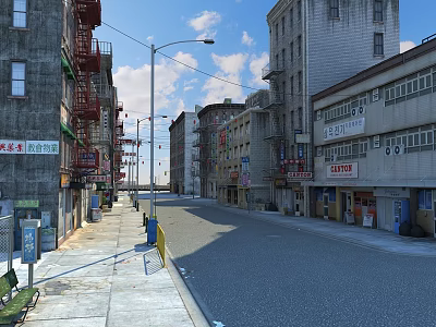 Vibrant Commercial Street With Old Buildings Colorful Signboards And Street Facilities 3d model