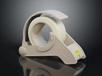 Beige Tape Dispenser With Clear Tape Roll And Ergonomic Grip Design 3d model