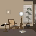 Wooden Rattan Lounge Chair With Side Table Floor Lamp And Potted Plant Near Window Blinds