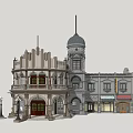 Classic Style Vintage Buildings With Dome Tower Balconies Decorative Windows And Signs