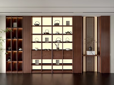 Modern Wooden Tea Cabinet Interior With Illuminated Shelves And Tea Sets 3d model
