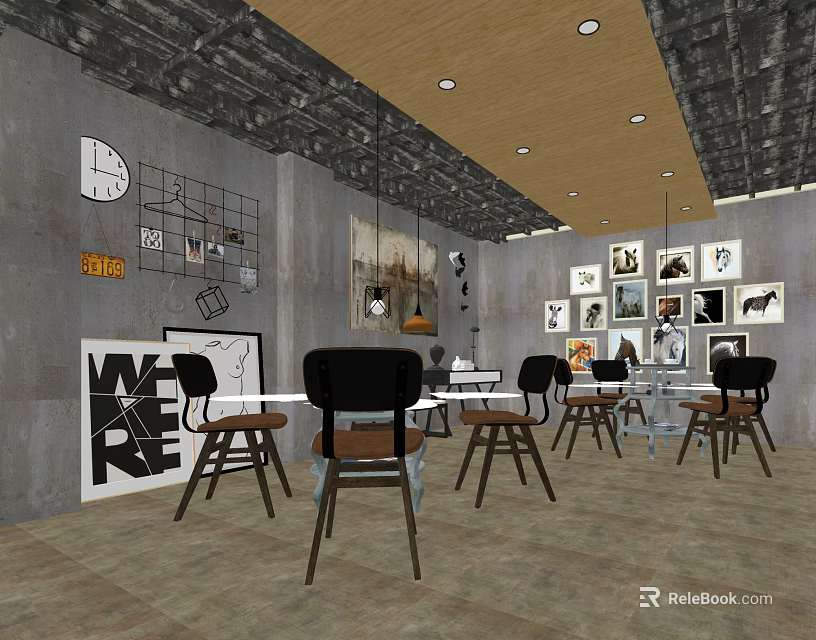 Modern Public Office Space With Industrial Style Desks Chairs Wooden Ceiling And Artwork 3d model 