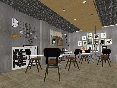Modern Public Office Space With Industrial Style Desks Chairs Wooden Ceiling And Artwork 3d model