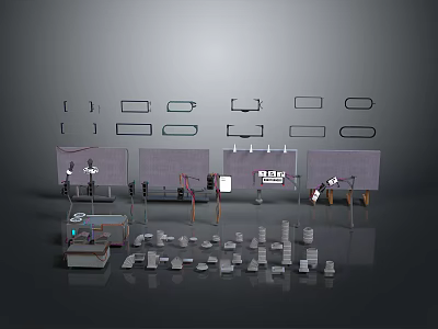 Computer Components Display Setup With Organized Panels Stands Cables And Small Electronic Parts 3d model