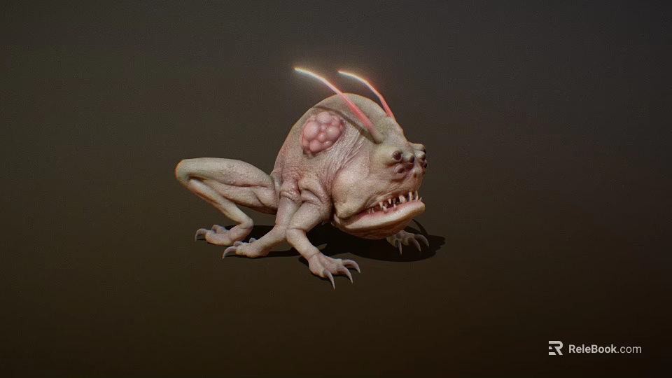 Mutant Creature with Glowing Tendrils Bumpy Skin Sharp Fangs in Crouching Posture 3d model 