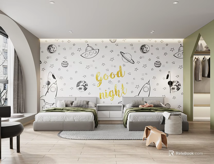 Kids Room with Rocket Moon Wall Decor Twin Beds and Playful Elements 3d model 