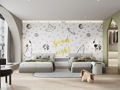 Kids Room with Rocket Moon Wall Decor Twin Beds and Playful Elements 3d model