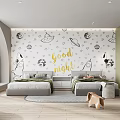 Kids Room with Rocket Moon Wall Decor Twin Beds and Playful Elements
