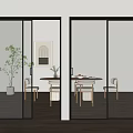 Modern Black Frame Glass Sliding Doors Interior With Dining Table And Plant