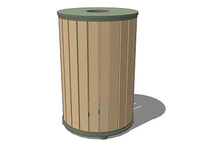 Cylindrical Public Trash Can With Green Lid And Brown Wooden Body For Outdoor Use 3d model