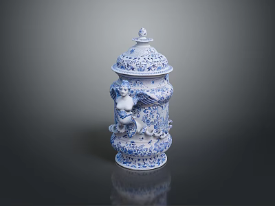 Blue And White Intricate Carved Urn Sculpture Featuring Cherub Designs And Ornate Patterns 3d model