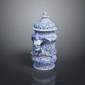 Blue And White Intricate Carved Urn Sculpture Featuring Cherub Designs And Ornate Patterns