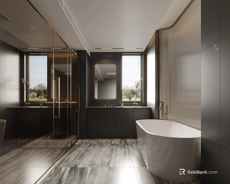Modern Bathroom Interior With Freestanding Bathtub Double Vanity Glass Shower And Marble Floor 3d model 