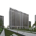 Modern High Rise Residential Building With Glass Facade And Landscaped Green Surroundings
