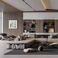 Modern Living And Dining Room Interior With Gray Sofa Bookshelves Fireplace And Green Armchair