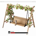 Garden Wooden Swing Play Equipment Adorned With Green Vines And Pink Flowers
