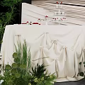 Luxe Check in Photo Spot With Beige Pleated Backdrop Green Plants And White Flowers