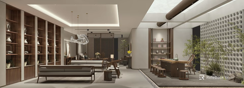 Chinese Style Living Room Interior With Sofa Tea Table Lattice Screen And Pendant Chandelier 3d model 