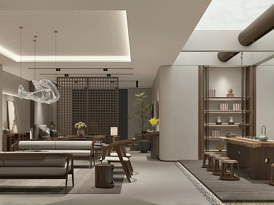 Chinese Style Living Room Interior With Sofa Tea Table Lattice Screen And Pendant Chandelier 3d model