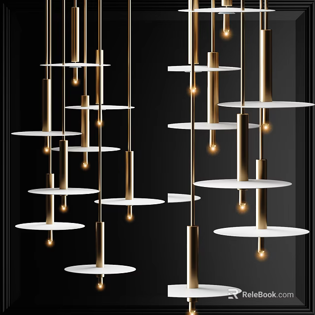 Modern Chandeliers With Golden Pillars And White Circular Platforms Multiple Hanging In Black Background 3d model 