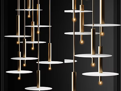 Modern Chandeliers With Golden Pillars And White Circular Platforms Multiple Hanging In Black Background 3d model