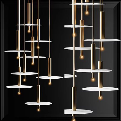 Modern Chandeliers With Golden Pillars And White Circular Platforms Multiple Hanging In Black Background 3d model