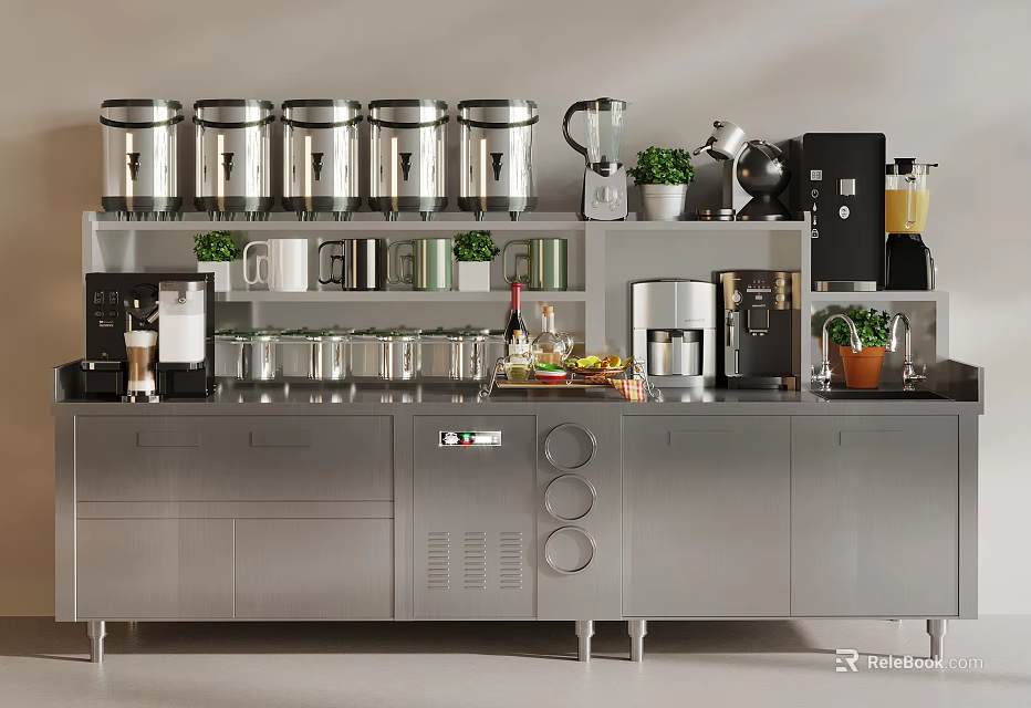 Bubble Tea Shop Stainless Steel Counter Multiple Storage Jars Coffee Machine Blender Potted Plants 3d model 