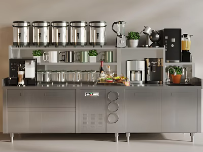 Bubble Tea Shop Stainless Steel Counter Multiple Storage Jars Coffee Machine Blender Potted Plants 3d model