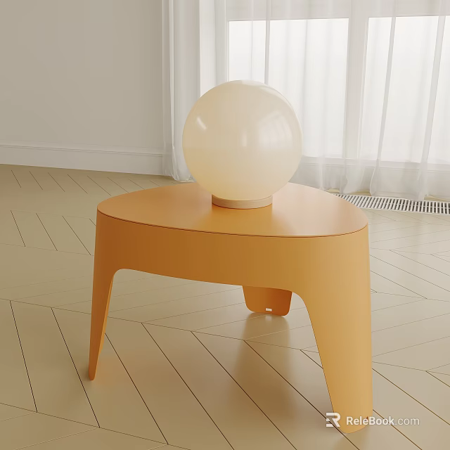 Modern Orange Side Table With Triangular Top And Curved Legs Holding White Globe Lamp 3d model