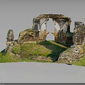 Weathered Ancient Ruins With Lush Green Grass And Stone Archway Structures