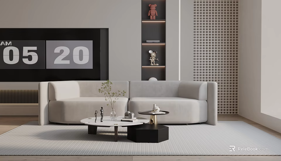 Modern Living Room Three Seater Sofa With Coffee Tables Green Plant And TV Cabinet 3d model 