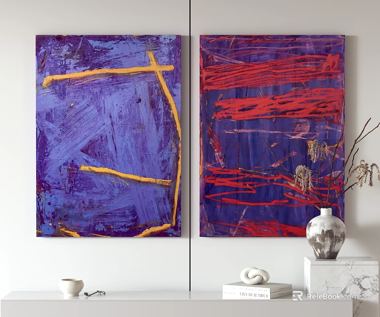 Abstract Paintings With Purple Background Yellow Red Lines And Home Decor Elements 3d model