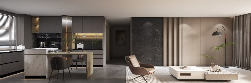 Elegant Modern Kitchen Interior With Marble Wall Cabinets And Design Elements 3d model