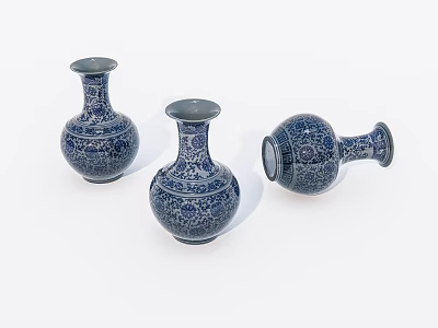 Three Traditional Ceramic Vases With Intricate Blue And White Patterns 3d model