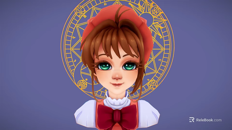 Cartoon Girl With Red Beret Green Eyes And Golden Magic Circle On Blue Fantasy Background 3d model 