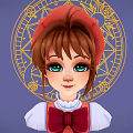 Cartoon Girl With Red Beret Green Eyes And Golden Magic Circle On Blue Fantasy Background