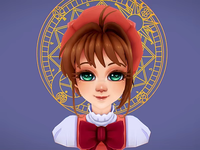 Cartoon Girl With Red Beret Green Eyes And Golden Magic Circle On Blue Fantasy Background 3d model