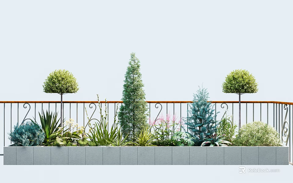 Outdoor Garden With Various Plants And Metal Railing 3d model 
