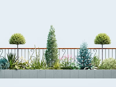 Outdoor Garden With Various Plants And Metal Railing 3d model