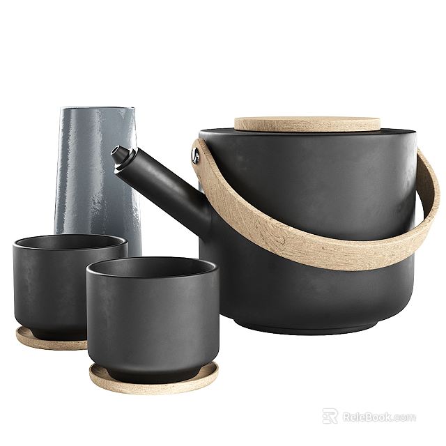 Modern Black Ceramic Tea Set with Wooden Handle Teapot and Matching Cups with Coasters 3d model 