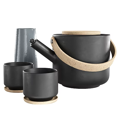 Modern Black Ceramic Tea Set with Wooden Handle Teapot and Matching Cups with Coasters 3d model